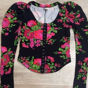 Vintage Betsey Johnson Black and Pink Floral long sleeve Blouse